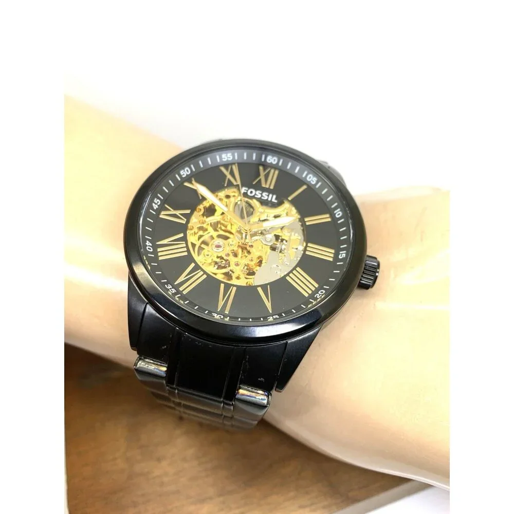 Fossil Men's Watch BQ2092 Flynn Automatic Gold Black Dial Stainless Steel 48mm
